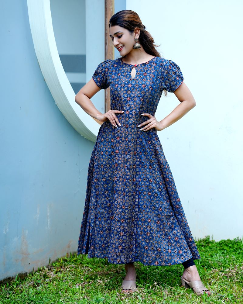Ajrakh Cotton Boat neck Paneled Kurta with Puff Sleeves , Indigo Blue , KA1024 Ajrakh Cotton Boat neck Paneled Kurta with Puff Sleeves , Indigo Blue , KA1024