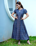 Ajrakh Cotton Boat neck Paneled Kurta with Puff Sleeves , Indigo Blue , KA1024 Ajrakh Cotton Boat neck Paneled Kurta with Puff Sleeves , Indigo Blue , KA1024
