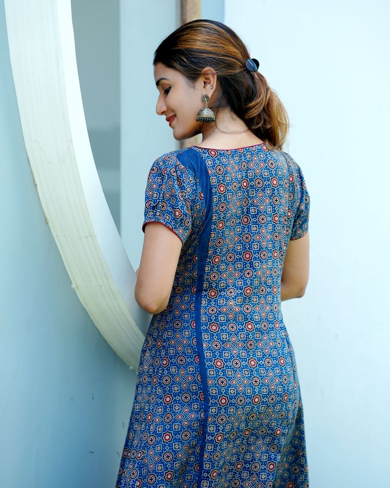 Ajrakh Cotton Boat neck Paneled Kurta with Puff Sleeves , Indigo Blue , KA1024
