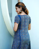 Ajrakh Cotton Boat neck Paneled Kurta with Puff Sleeves , Indigo Blue , KA1024 Ajrakh Cotton Boat neck Paneled Kurta with Puff Sleeves , Indigo Blue , KA1024