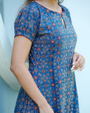 Ajrakh Cotton Boat neck Paneled Kurta with Puff Sleeves , Indigo Blue , KA1024 Ajrakh Cotton Boat neck Paneled Kurta with Puff Sleeves , Indigo Blue , KA1024