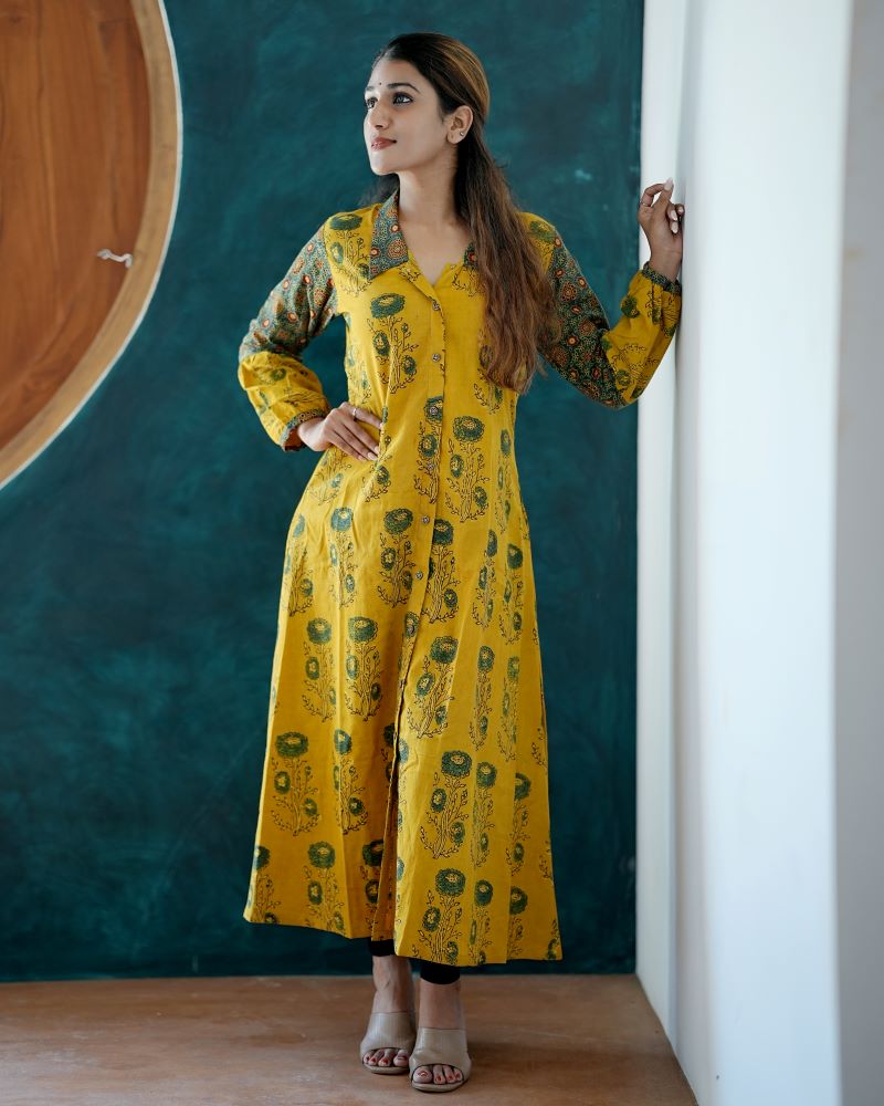 Ajrakh Cotton Collar neck A-Line Kurta with Gathered Sleeves & Wooden Button Details , Mustard- Yellow , KA1025