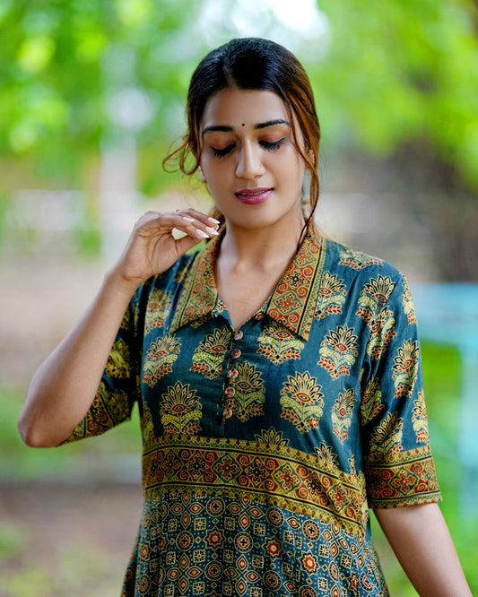 Ajrakh Cotton Collar neck Paneled Kurta with Half sleeves & Wooden Button Details , Bottle Green , KA1026