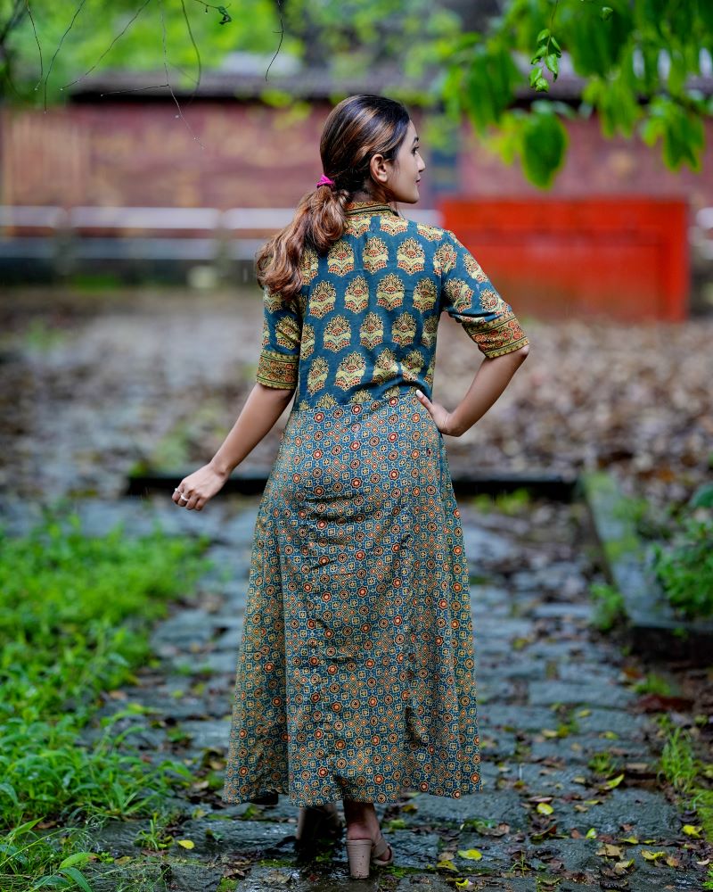 Ajrakh Cotton Collar neck Paneled Kurta with Half sleeves & Wooden Button Details , Bottle Green , KA1026