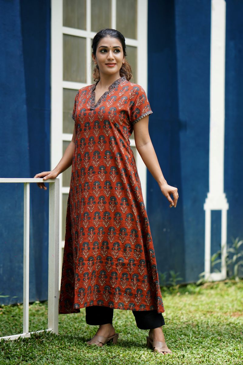 Ajrakh Cotton V Collar A Line Kurta with Mega Sleeves, Maroon, KA1031
