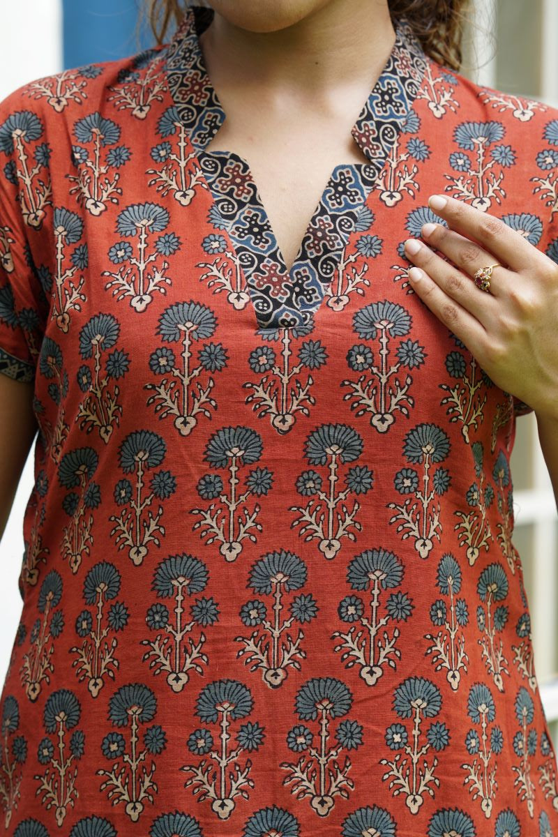 Ajrakh Cotton V Collar A Line Kurta with Mega Sleeves, Maroon, KA1031