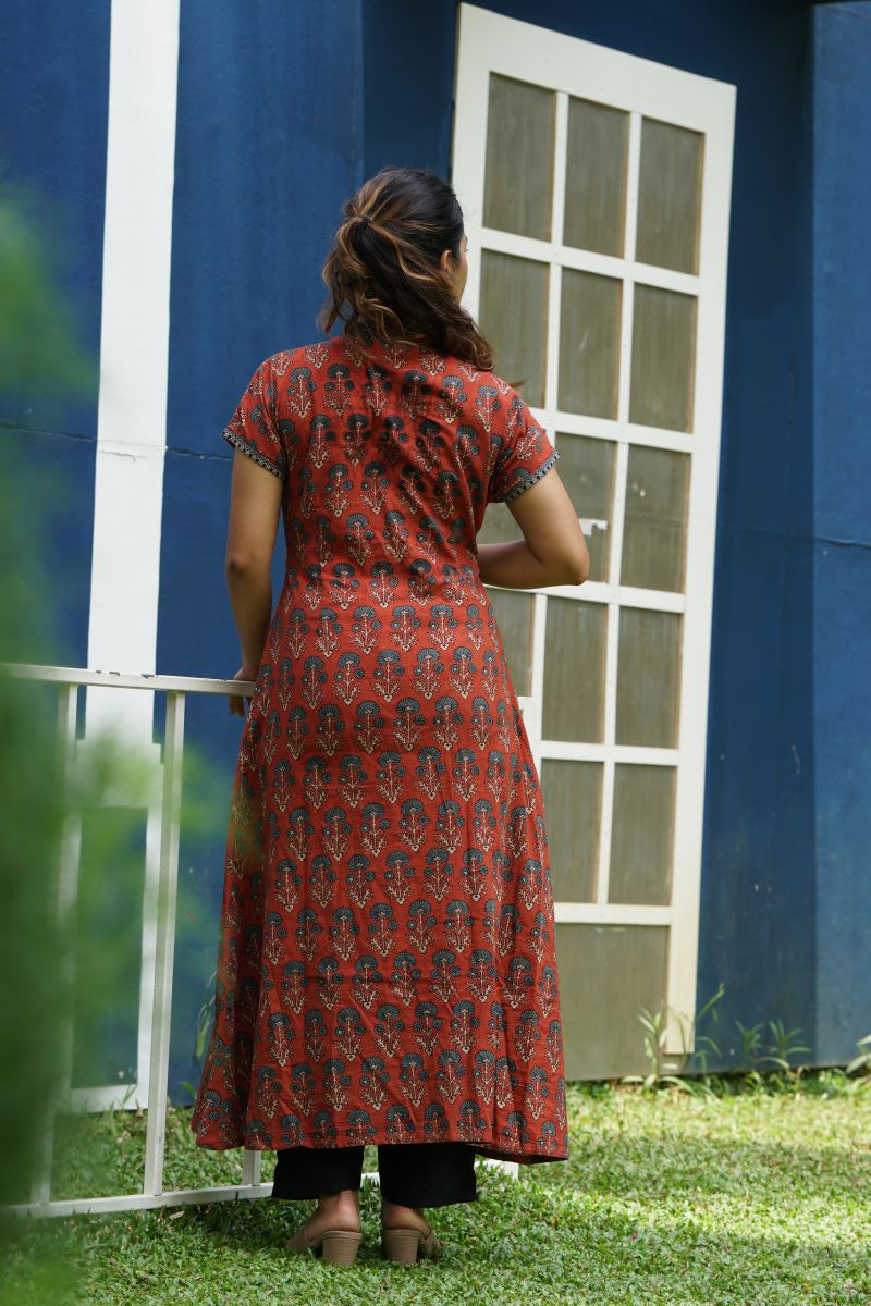 Ajrakh Cotton V Collar A Line Kurta with Mega Sleeves, Maroon, KA1031