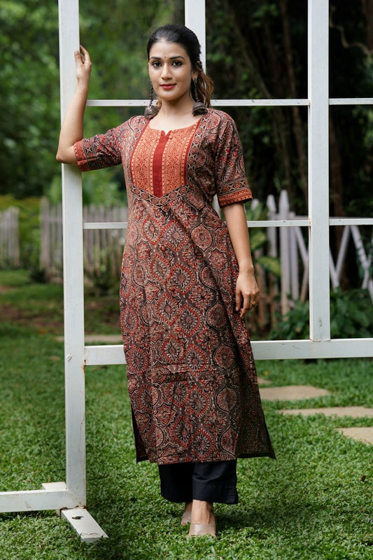Ajrakh Cotton Y neck Straight Cut Kurta with Half Sleeves, Brown, KA1032