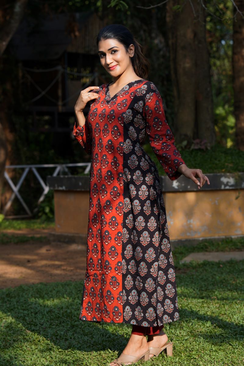Ajrakh Cotton V neck Straight Cut Kurta with 3/4 Sleeves, Black- Maroon , KA1034