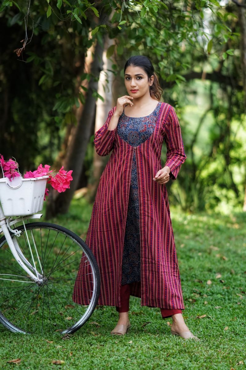 Ajrakh Cotton Jacket Style Layered A Line Kurta, Red - Indigo blue , KA1035