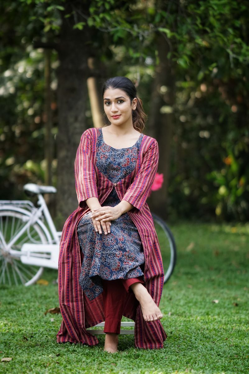 Ajrakh Cotton Jacket Style Layered A Line Kurta, Red - Indigo blue , KA1035