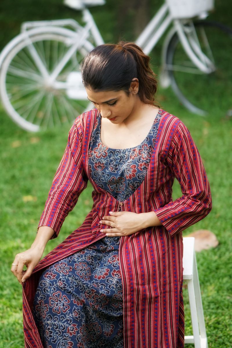 Ajrakh Cotton Jacket Style Layered A Line Kurta, Red - Indigo blue , KA1035