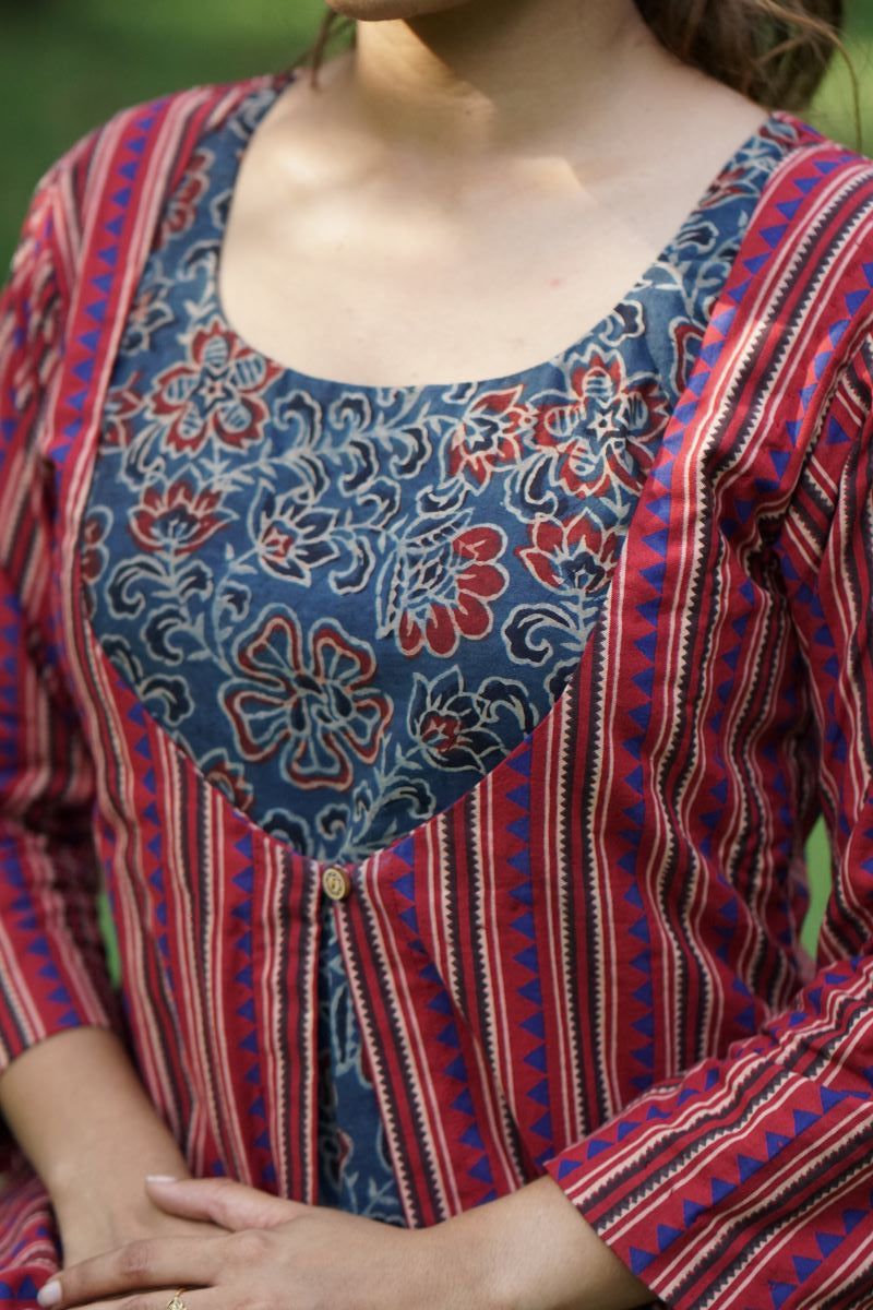 Ajrakh Cotton Jacket Style Layered A Line Kurta, Red - Indigo blue , KA1035