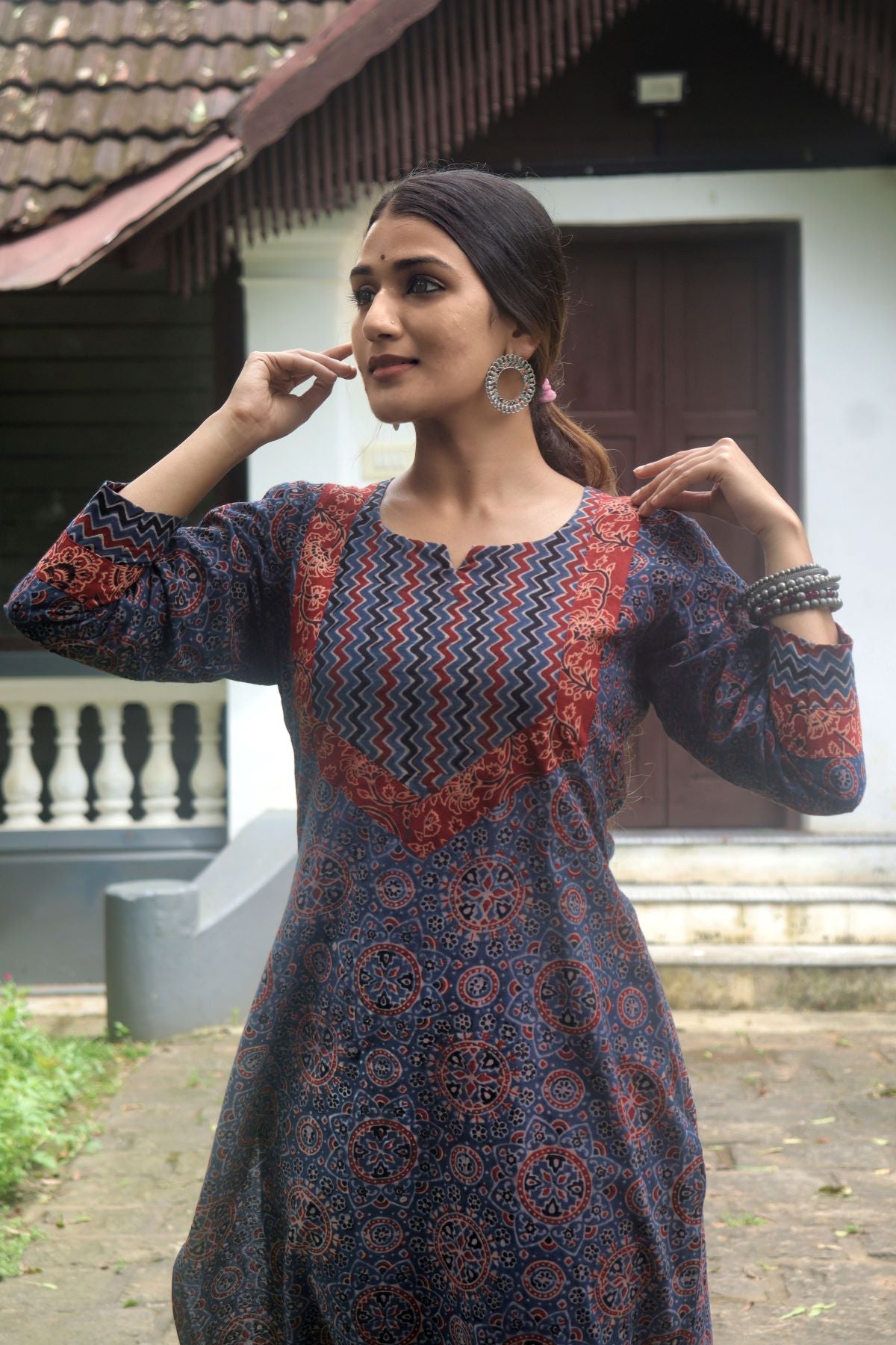 Ajrakh Cotton Y Neck Straight Cut Kurta with 3/4 Sleeves, Indigo Blue, KA1037 Ajrakh Cotton Y Neck Straight Cut Kurta with 3/4 Sleeves, Indigo Blue, KA1037