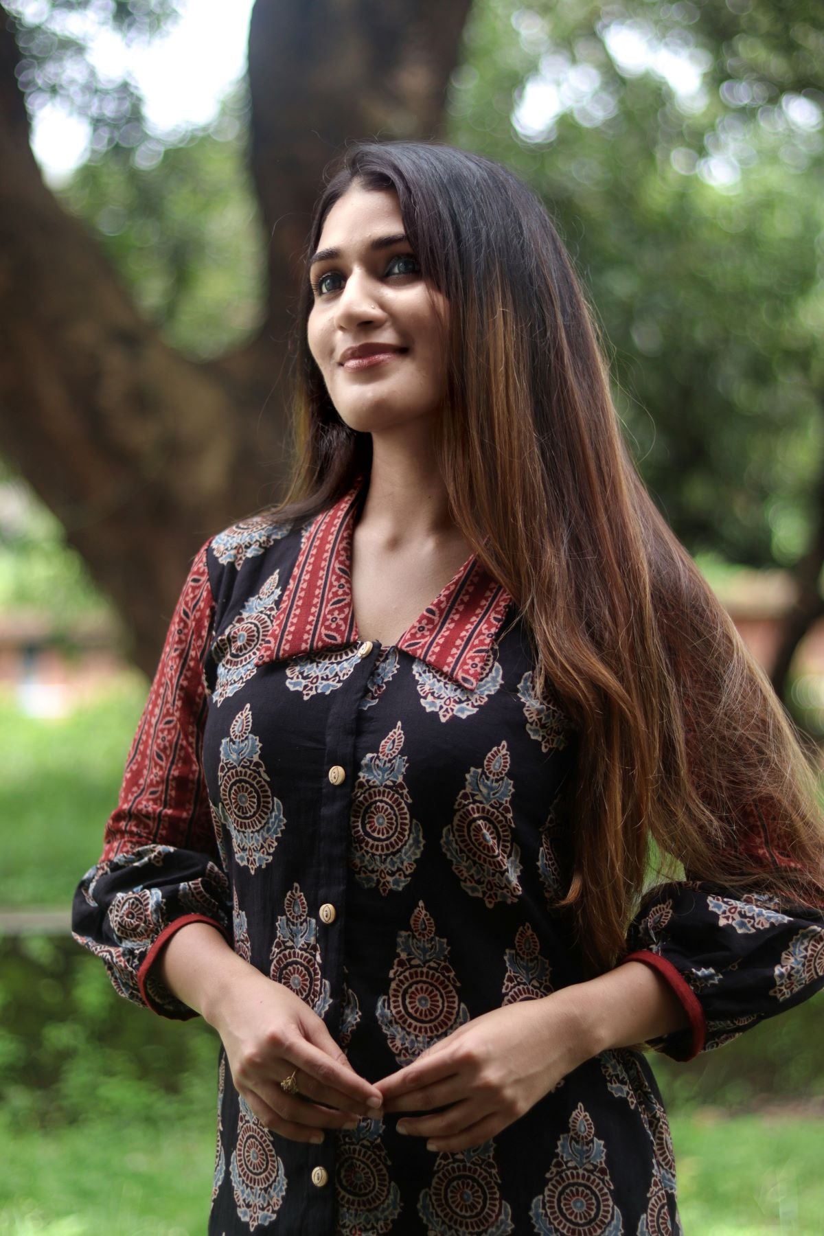 Ajrakh Cotton Collar Neck A Line Kurta with Gathered Sleeves and wooden Button Details ,Black, KA1038