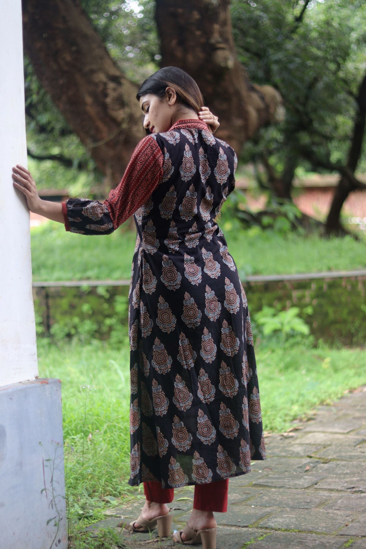 Ajrakh Cotton Collar Neck A Line Kurta with Gathered Sleeves and wooden Button Details  ,Black, KA1038 Ajrakh Cotton Collar Neck A Line Kurta with Gathered Sleeves and wooden Button Details  ,Black, KA1038