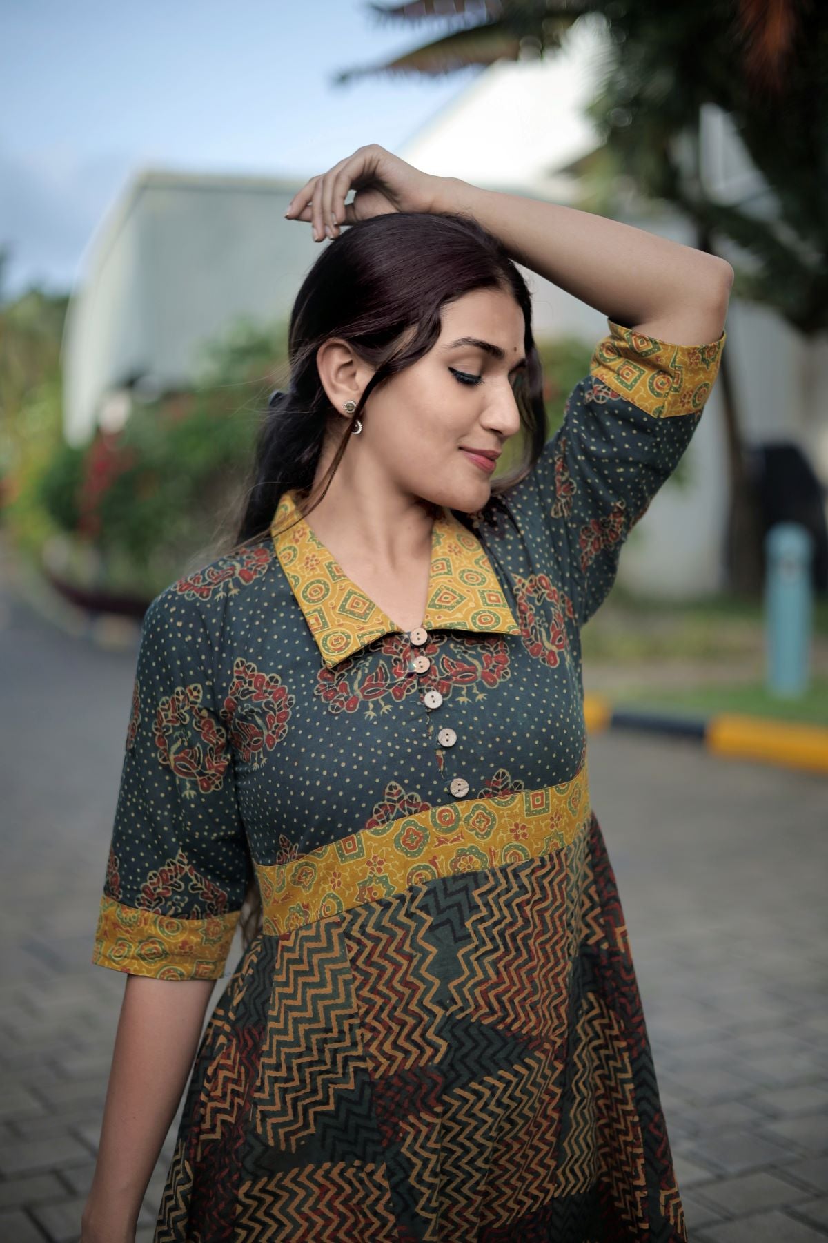 Ajrakh Cotton Paneled Kurta with Collar & Wooden Button Details , Bottle Green - Mustard Yellow , KA1042 Ajrakh Cotton Paneled Kurta with Collar & Wooden Button Details , Bottle Green - Mustard Yellow , KA1042