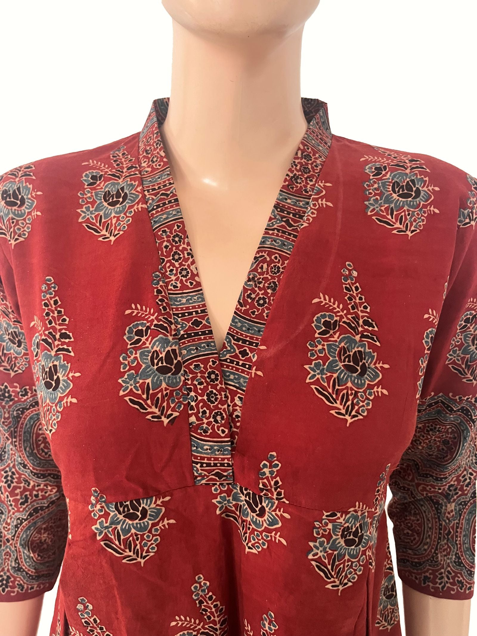 Ajrakh Cotton V Collar Pleated Kurta with Pocket , Maroon, KA1055