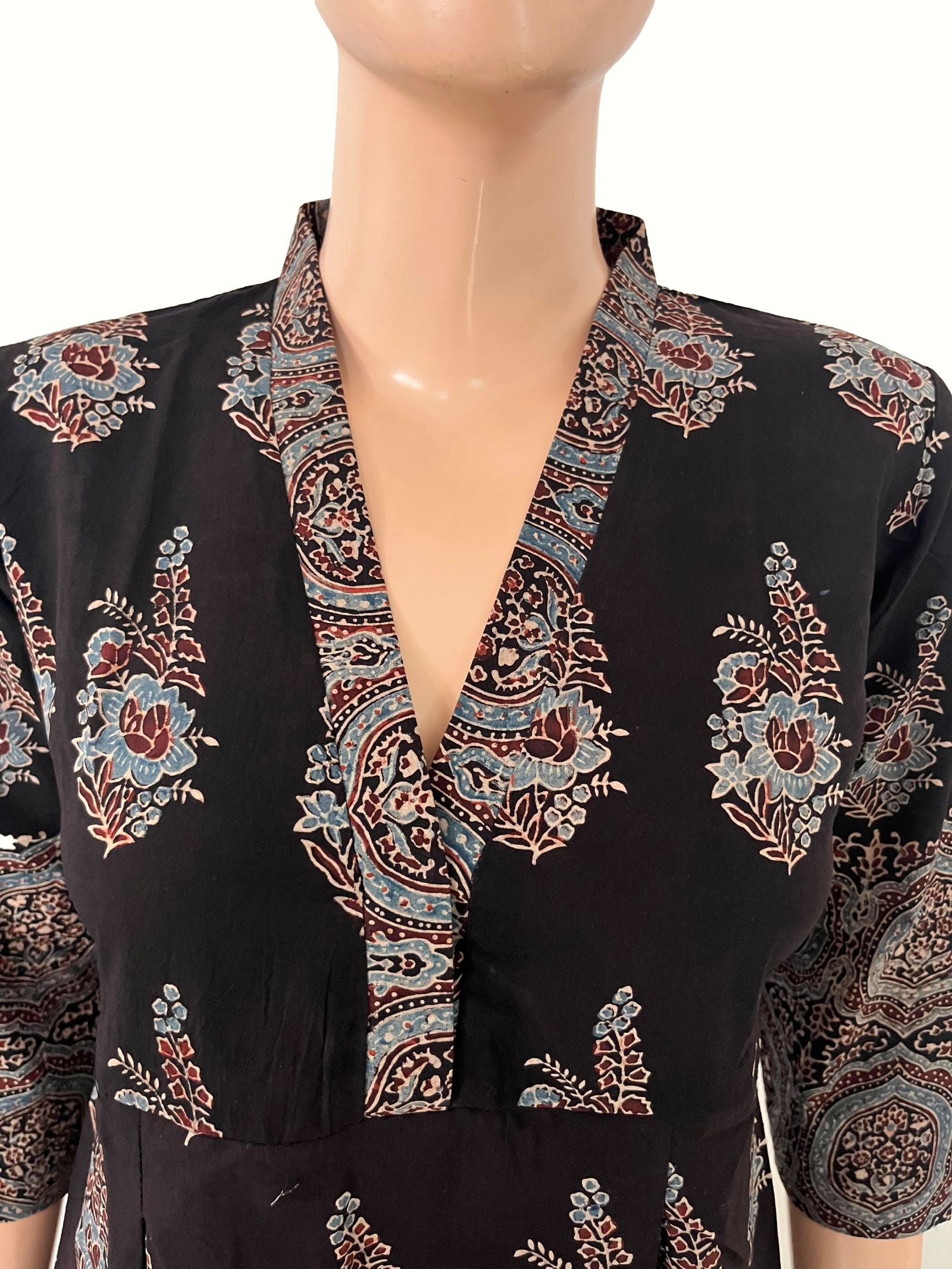 Ajrakh Cotton V Collar Pleated Kurta with Pockets , Black , KA1056