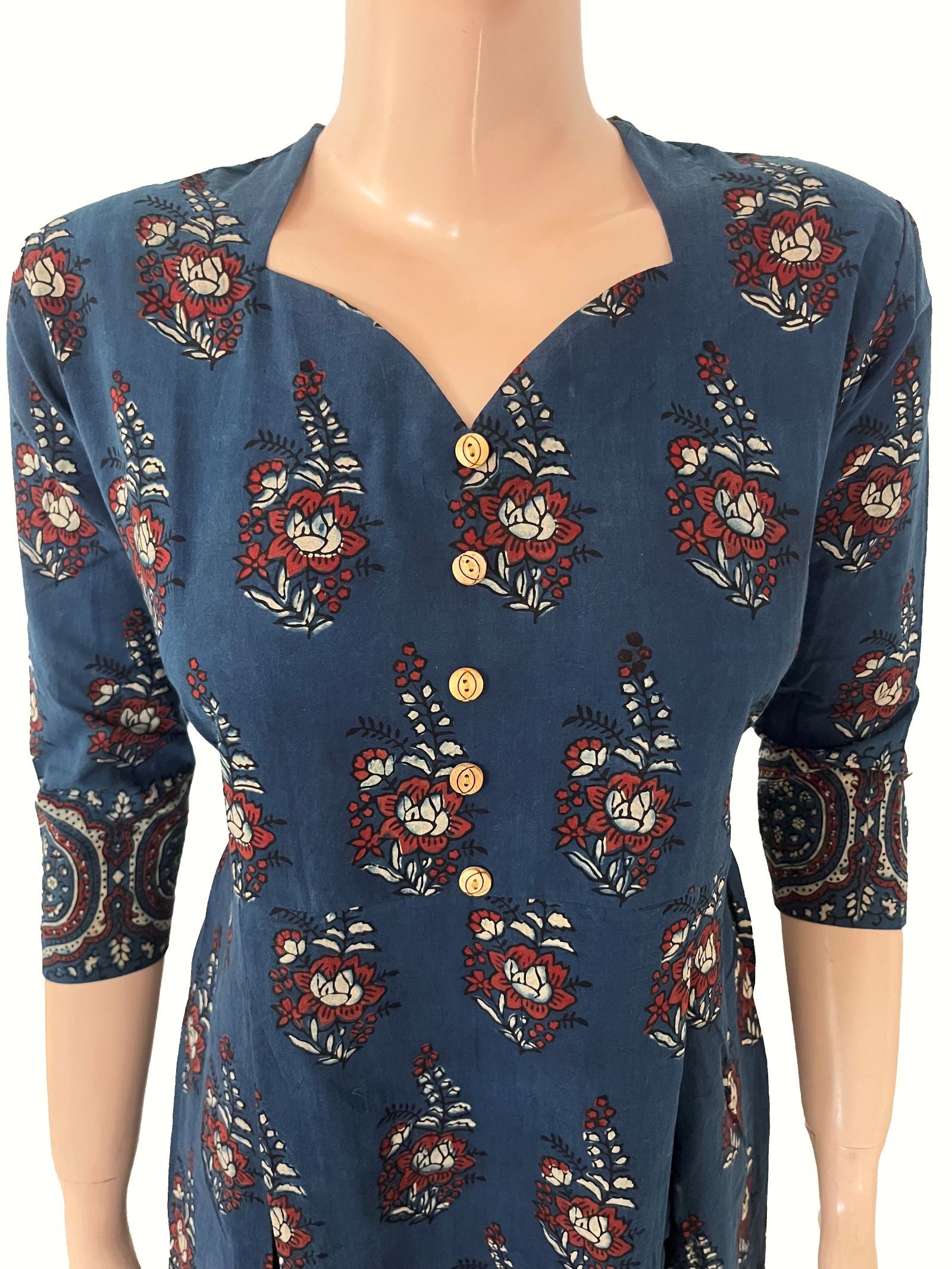 Ajrakh Cotton Sweetheart neck Pleated Kurta with Wooden Button Details & Pocket , Indigo Blue , KA1059