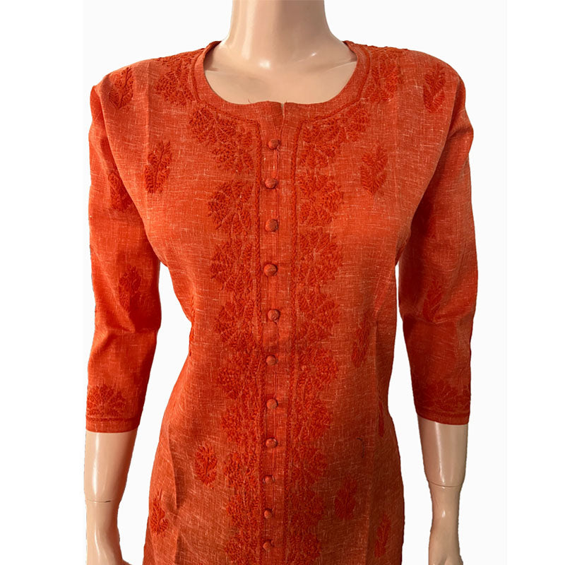 Slub Cotton Chikankari Straight cut Kurta, Rust, KC1026