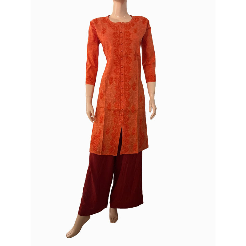Slub Cotton Chikankari Straight cut Kurta, Rust, KC1026