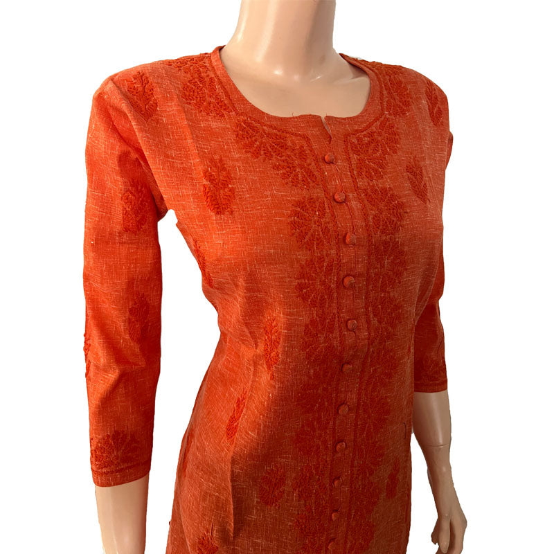 Slub Cotton Chikankari Straight cut Kurta, Rust, KC1026