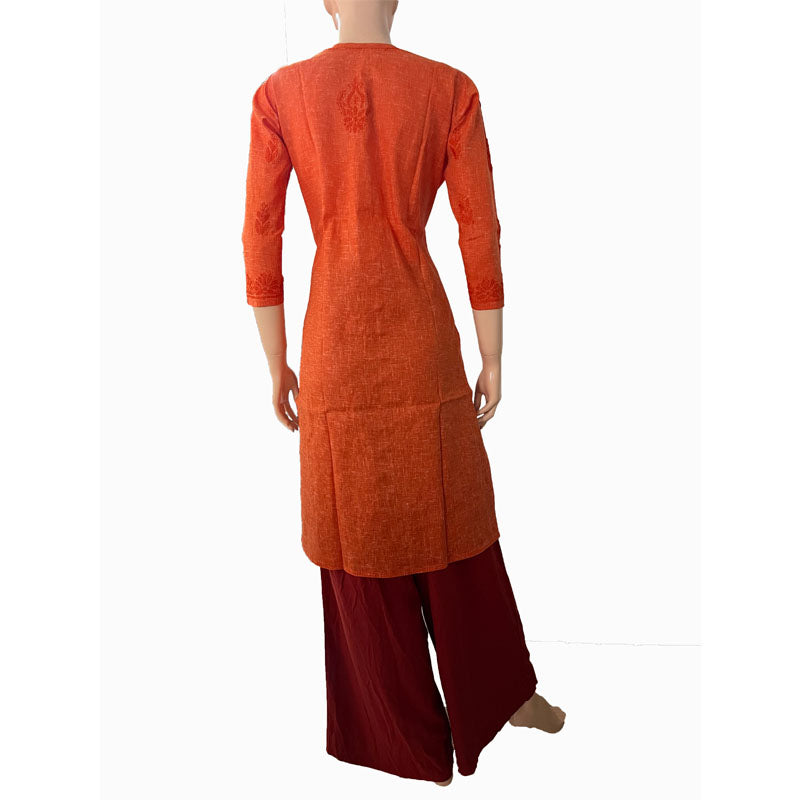 Slub Cotton Chikankari Straight cut Kurta, Rust, KC1026