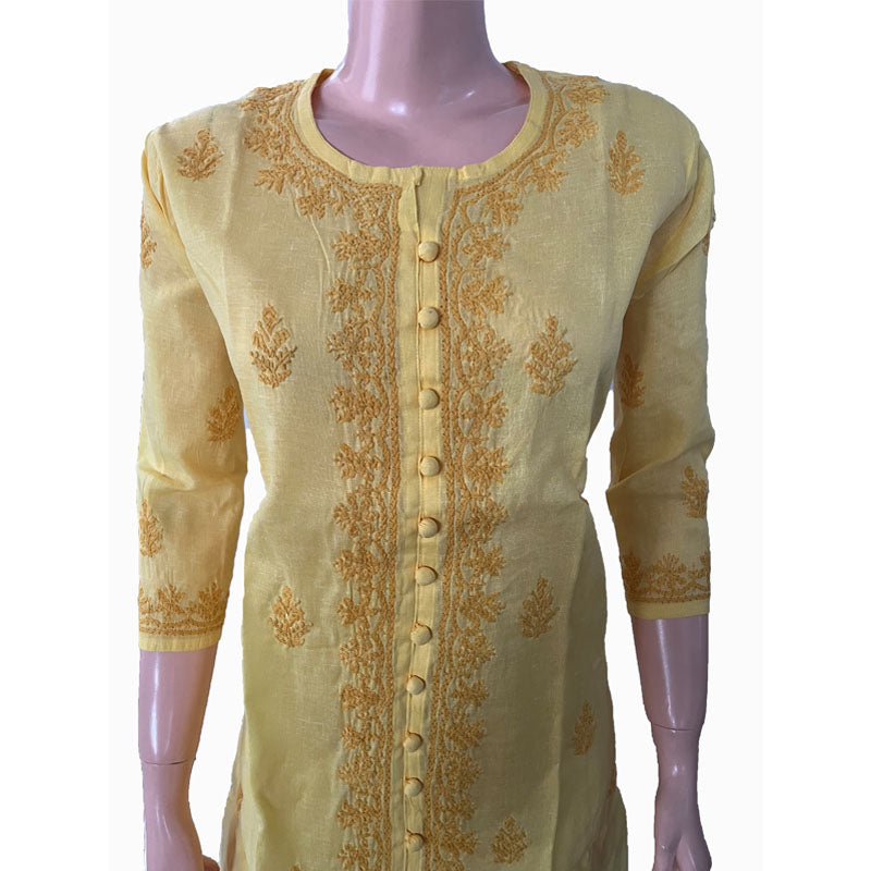 Pure Cotton Chikankari Straight cut Kurta with Potli Button Details, Lemon Yellow, KC1029