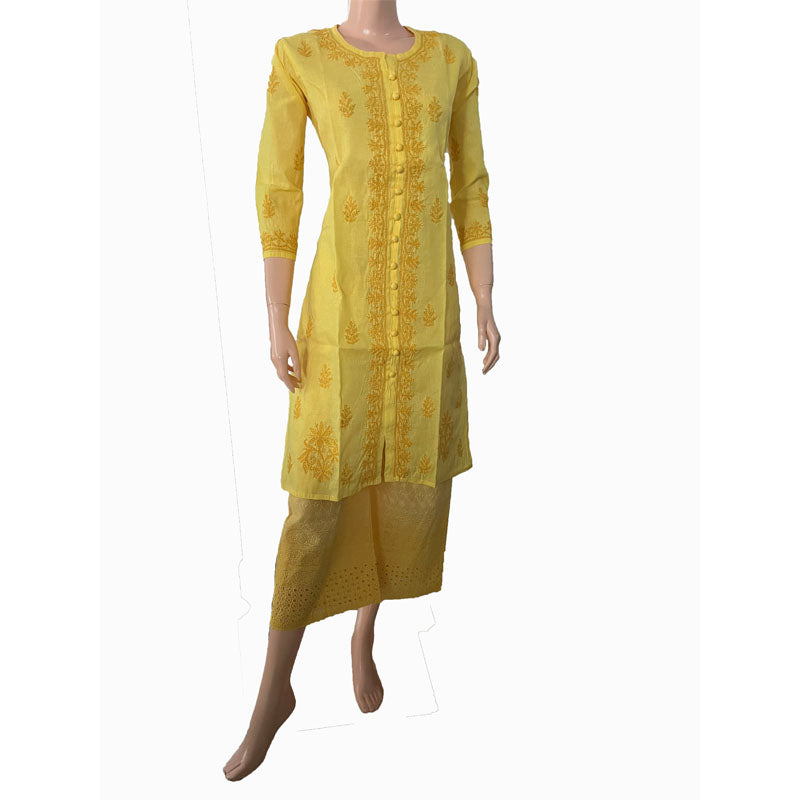 Pure Cotton  Chikankari Straight cut Kurta with Potli Button Details, Lemon Yellow, KC1029 Pure Cotton  Chikankari Straight cut Kurta with Potli Button Details, Lemon Yellow, KC1029