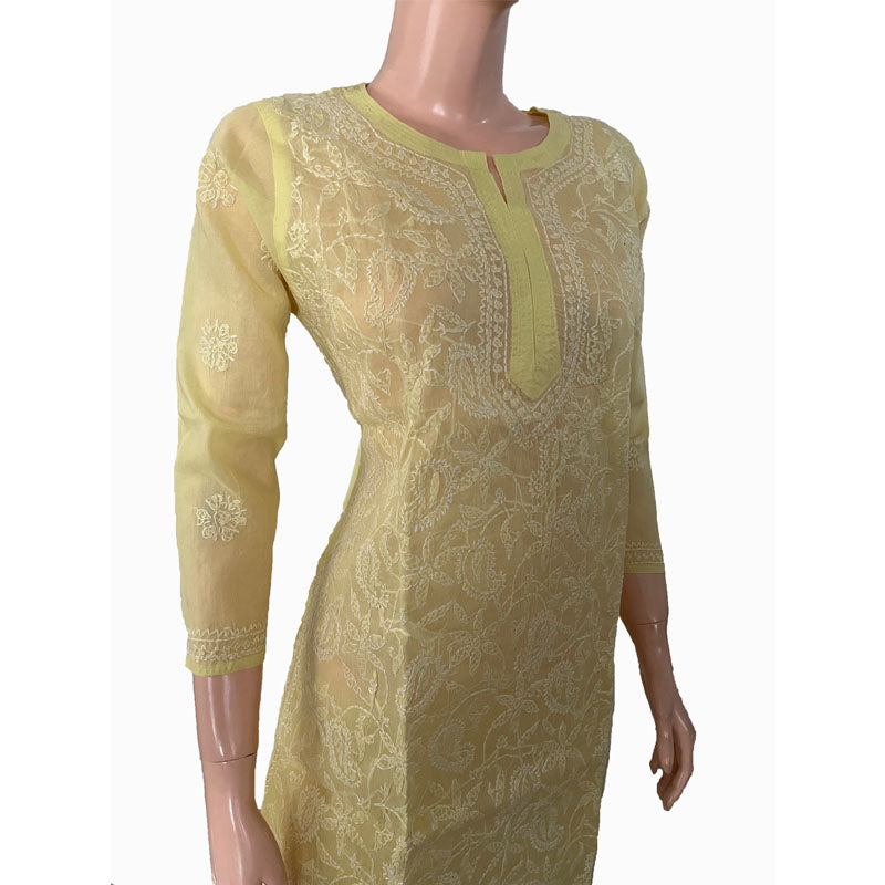 Pure Cotton Chikankari Straight cut Kurta, Light Yellow, KC1030
