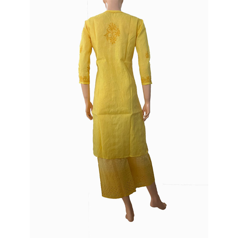 Pure Cotton Chikankari Straight cut Kurta with Potli Button Details, Lemon Yellow, KC1029