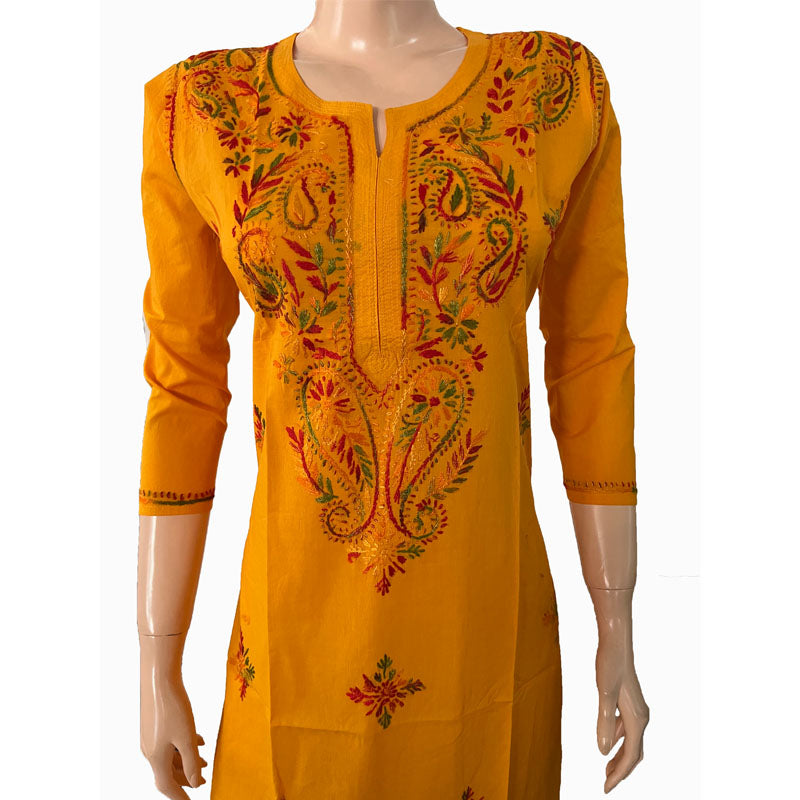 Pure Cotton Chikankari Straight cut Kurta, Deep Yellow, KC1031