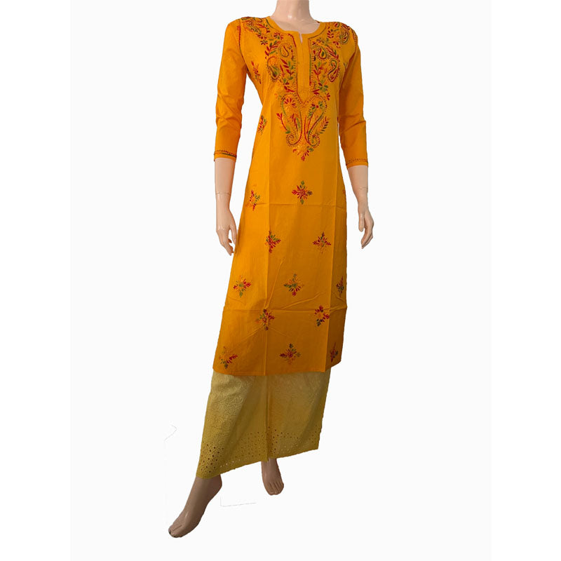 Pure Cotton Chikankari Straight cut Kurta, Deep Yellow, KC1031