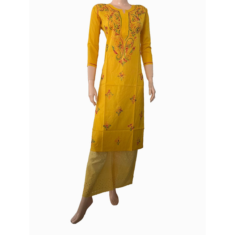 Pure Cotton  Chikankari Straight cut Kurta, Yellow, KC1032 Pure Cotton  Chikankari Straight cut Kurta, Yellow, KC1032