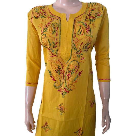 Pure Cotton  Chikankari Straight cut Kurta, Yellow, KC1032