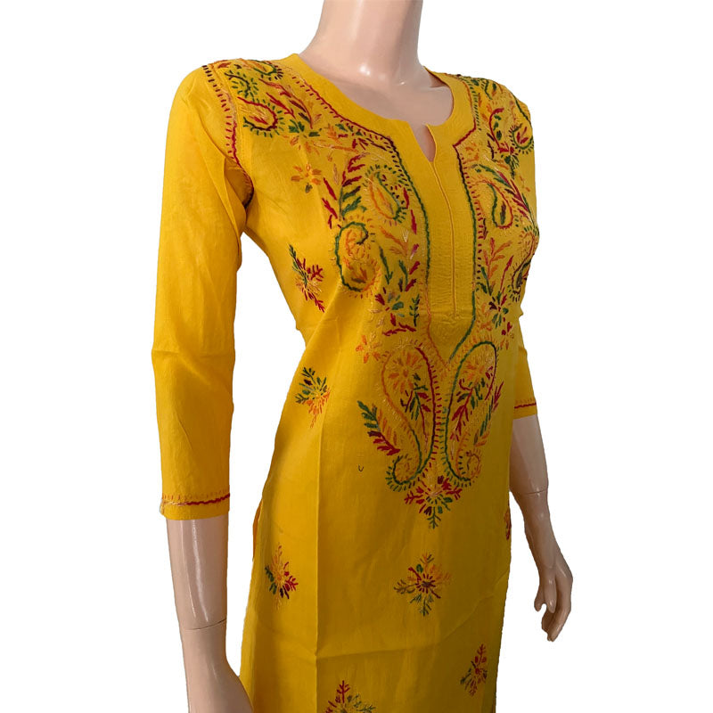 Pure Cotton  Chikankari Straight cut Kurta, Yellow, KC1032 Pure Cotton  Chikankari Straight cut Kurta, Yellow, KC1032