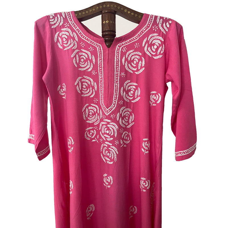 Rayon Cotton Straight cut Chikankari Kurta, Pink, KC1035