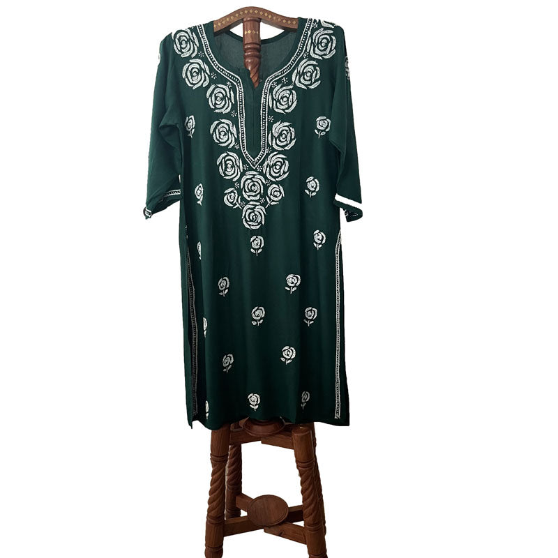 Rayon Cotton Straight cut Chikankari Kurta, Bottle Green, KC1036