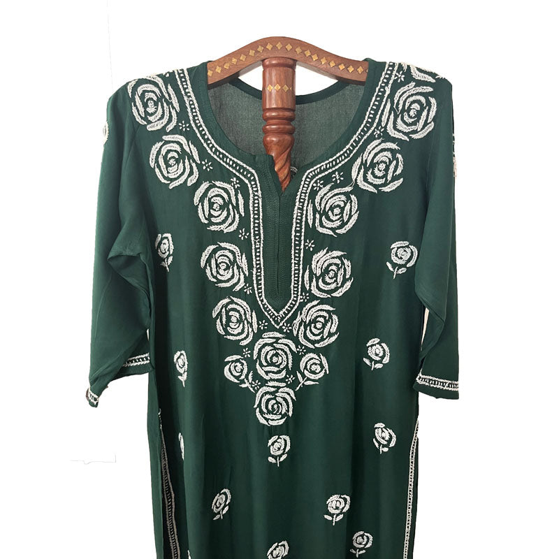 Rayon Cotton Straight cut Chikankari Kurta, Bottle Green, KC1036
