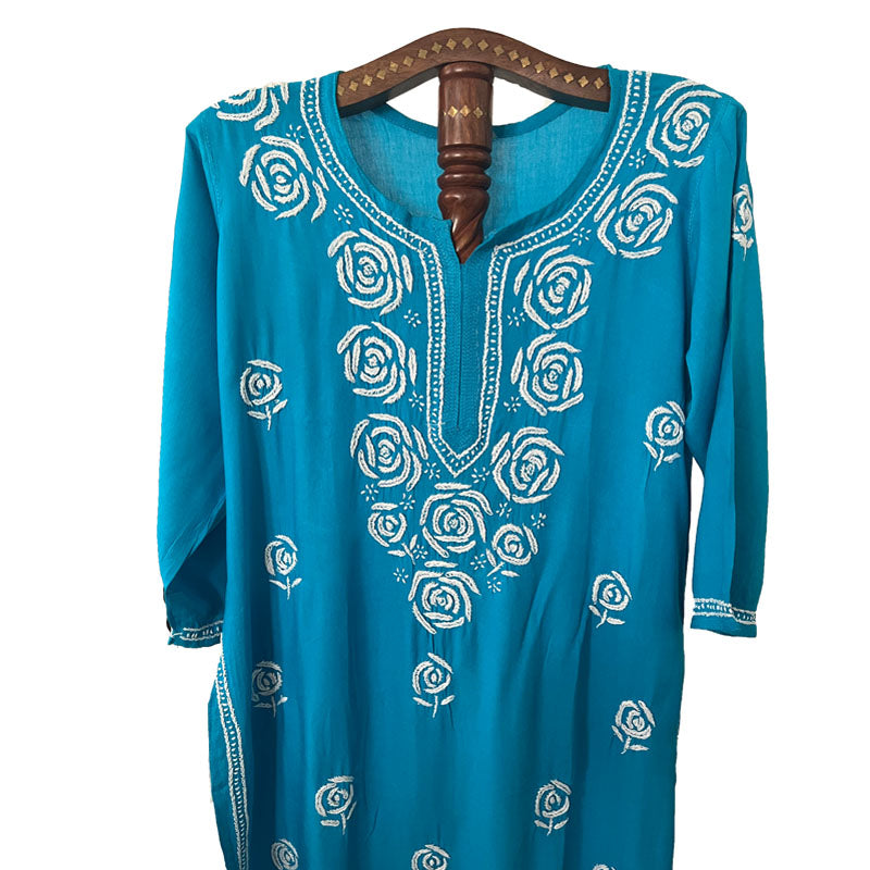 Rayon Cotton Straight cut Chikankari Kurta, Blue, KC1037