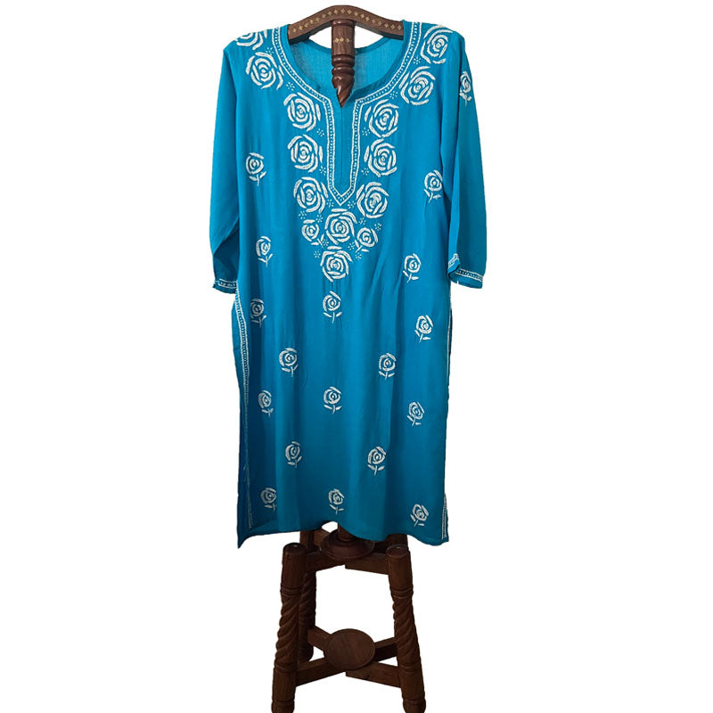 Rayon Cotton Straight cut Chikankari Kurta, Blue, KC1037