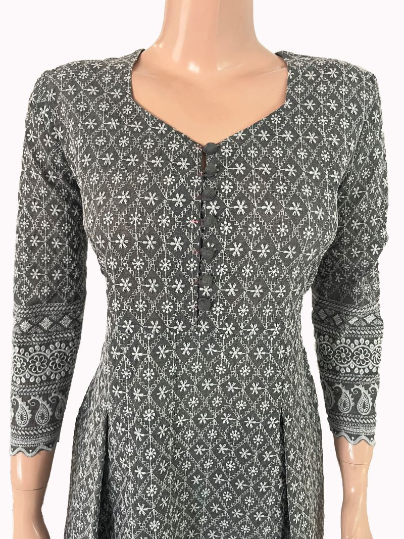 Fully Embroidered Chikankari Inspired Sweetheart Neck Pleated Kurta, Grey, KW1047 Fully Embroidered Chikankari Inspired Sweetheart Neck Pleated Kurta, Grey, KW1047