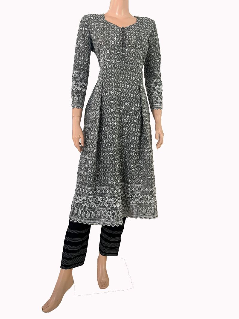 Fully Embroidered Chikankari Inspired Sweetheart Neck Pleated Kurta, Grey, KW1047 Fully Embroidered Chikankari Inspired Sweetheart Neck Pleated Kurta, Grey, KW1047