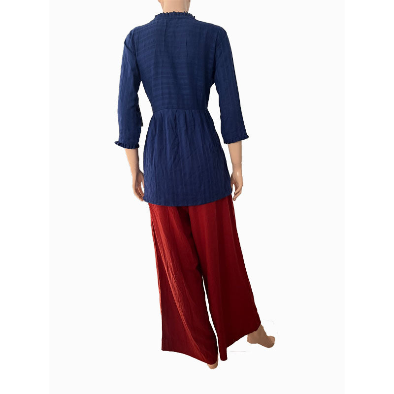 Woven Cotton Self Striped Short Kurta with Pleats & Wooden Button Details,, Deep blue, KH1072