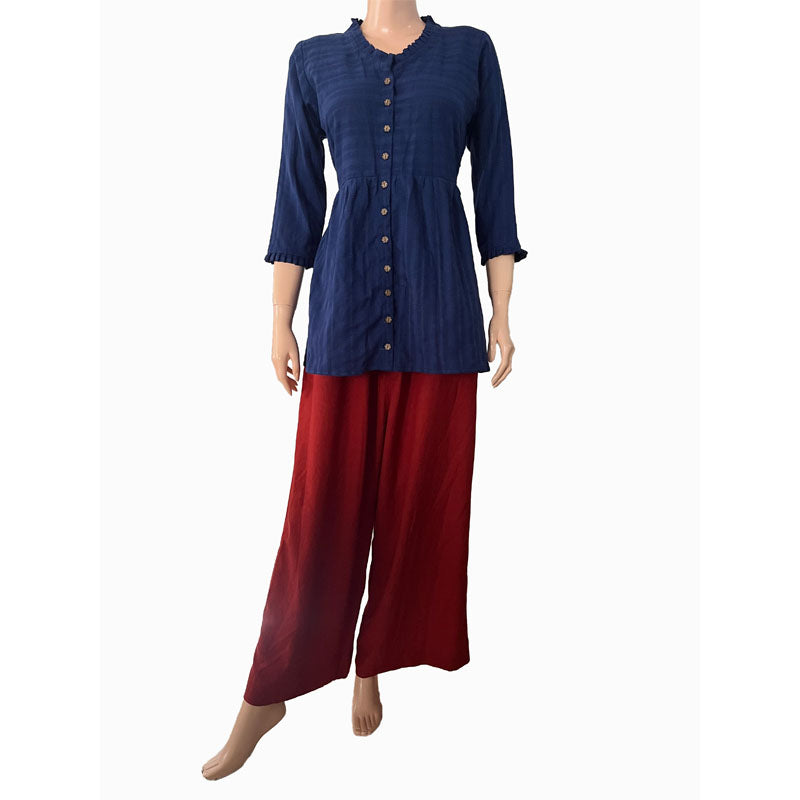 Woven Cotton Self Striped Short Kurta with Pleats & Wooden Button Details,, Deep blue, KH1072