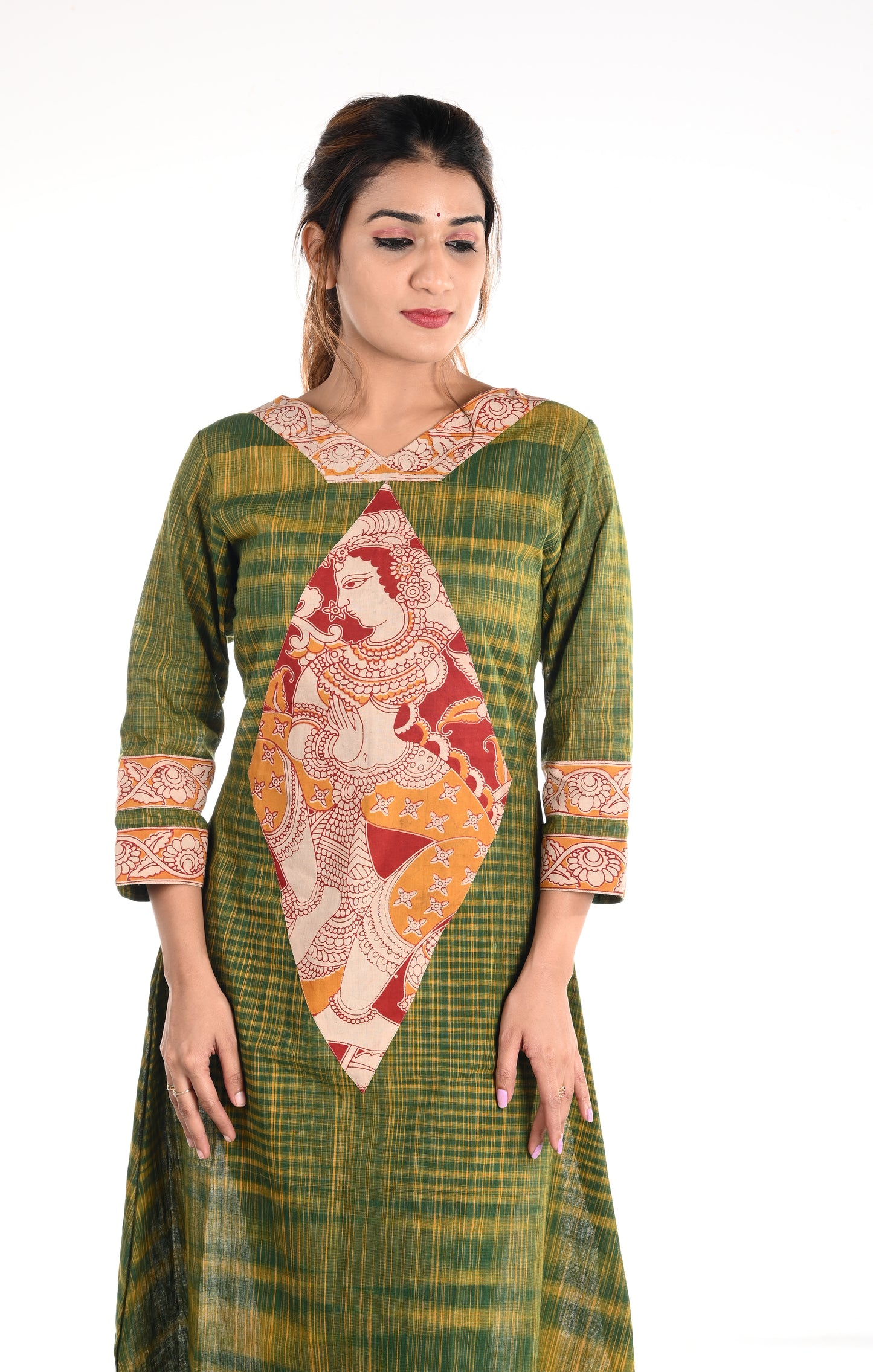 Woven Cotton A line Kurta with V neck & Kalamkari Patches,, Green, KH1073