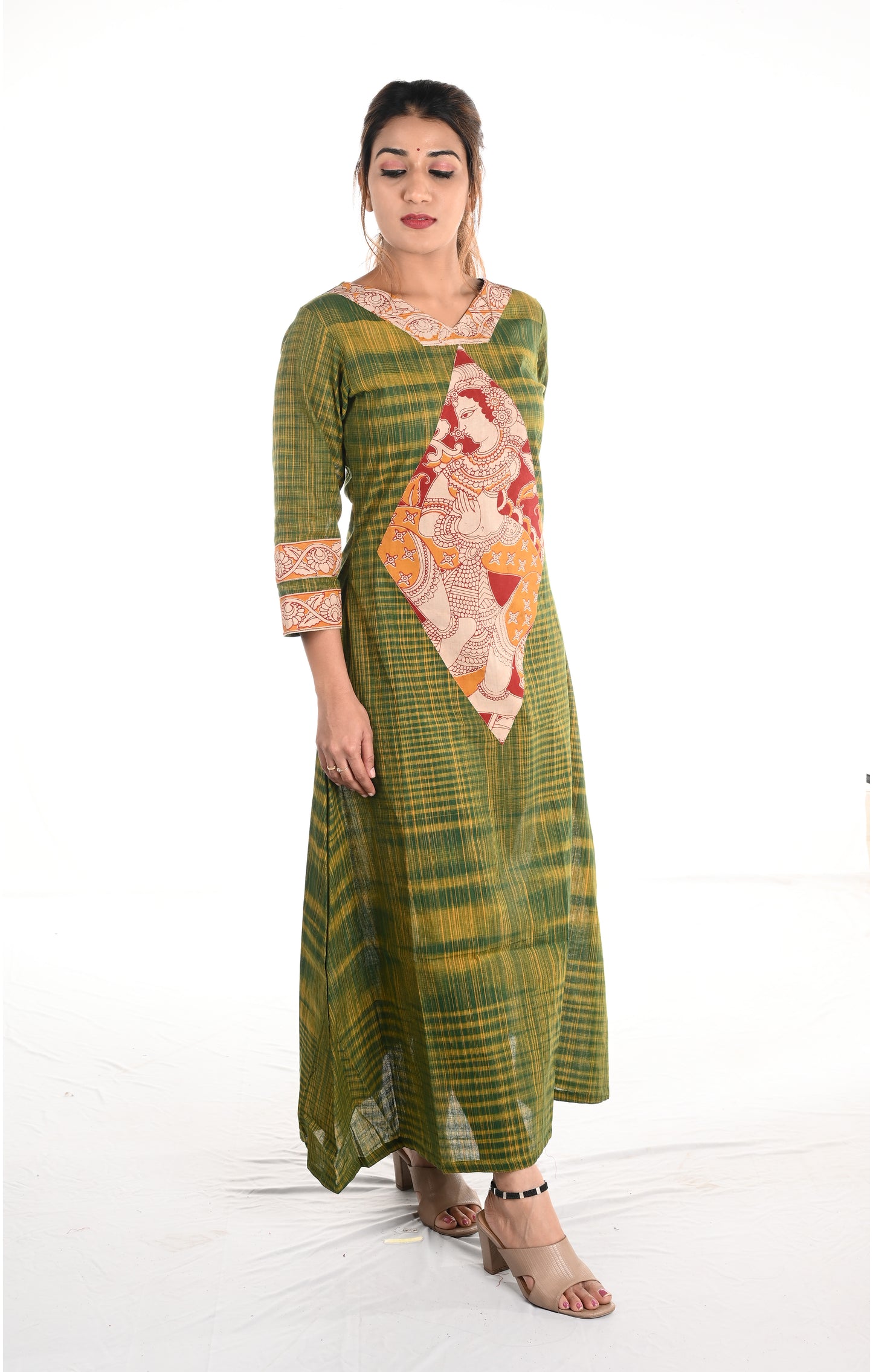 Woven Cotton A line Kurta with V neck & Kalamkari Patches,, Green, KH1073
