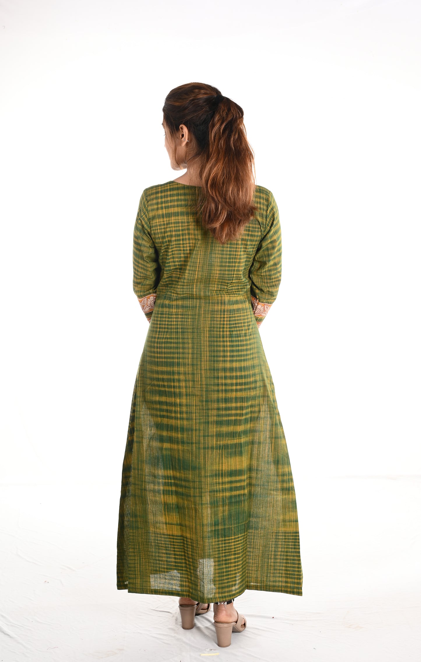 Woven Cotton A line Kurta with V neck & Kalamkari Patches,, Green, KH1073