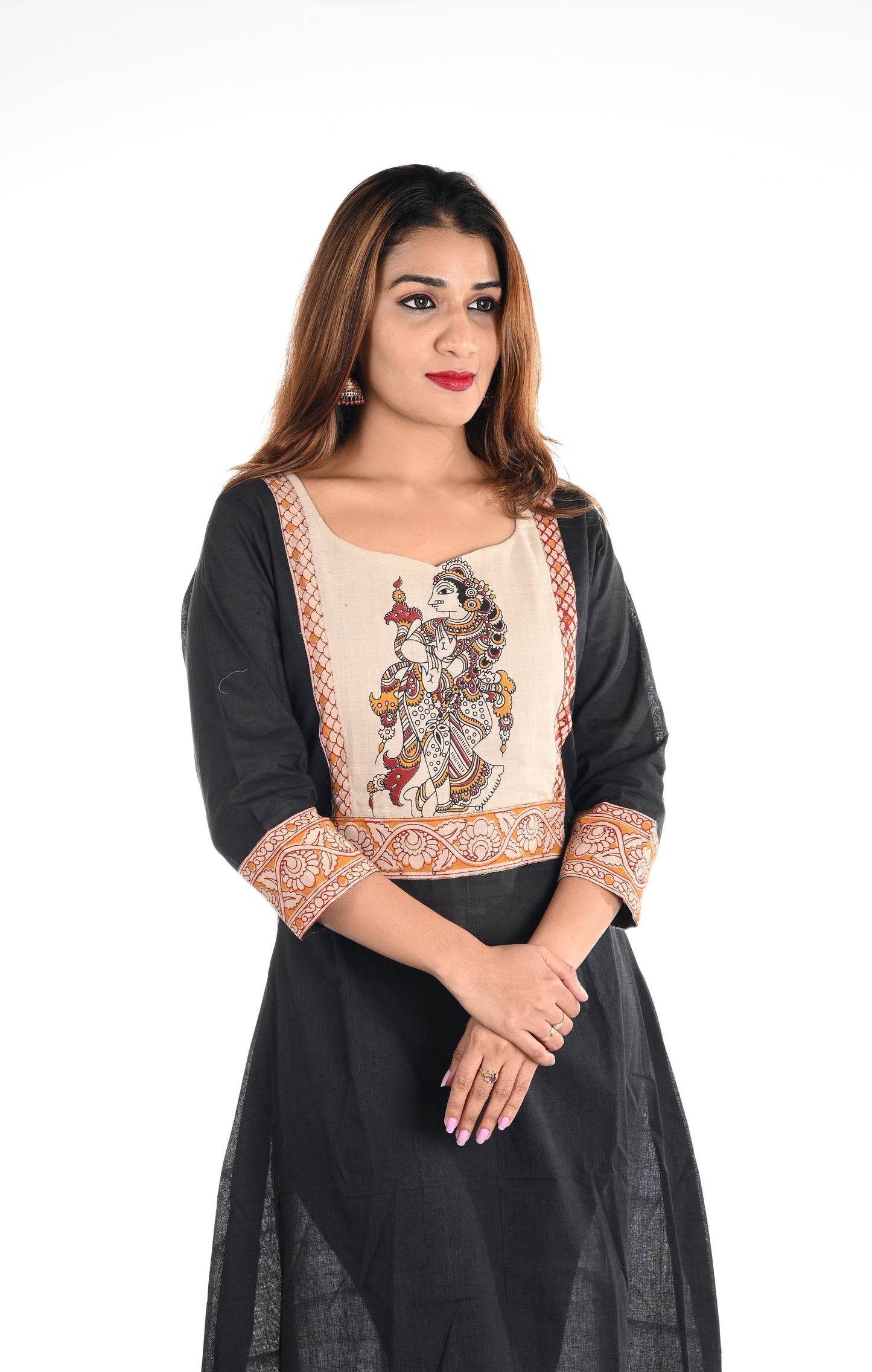 Woven Cotton A line Kurta with Y neck & Kalamkari Patches,, Black, KH1074